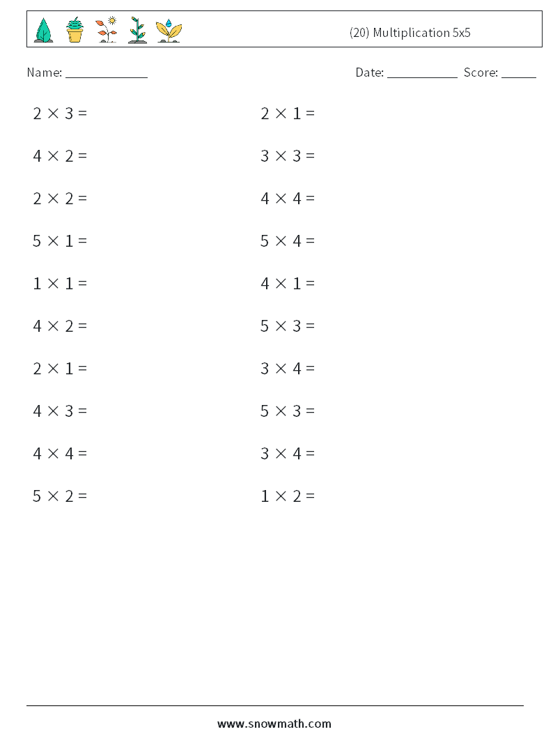 (20) Multiplication 5x5 Math Worksheets 2