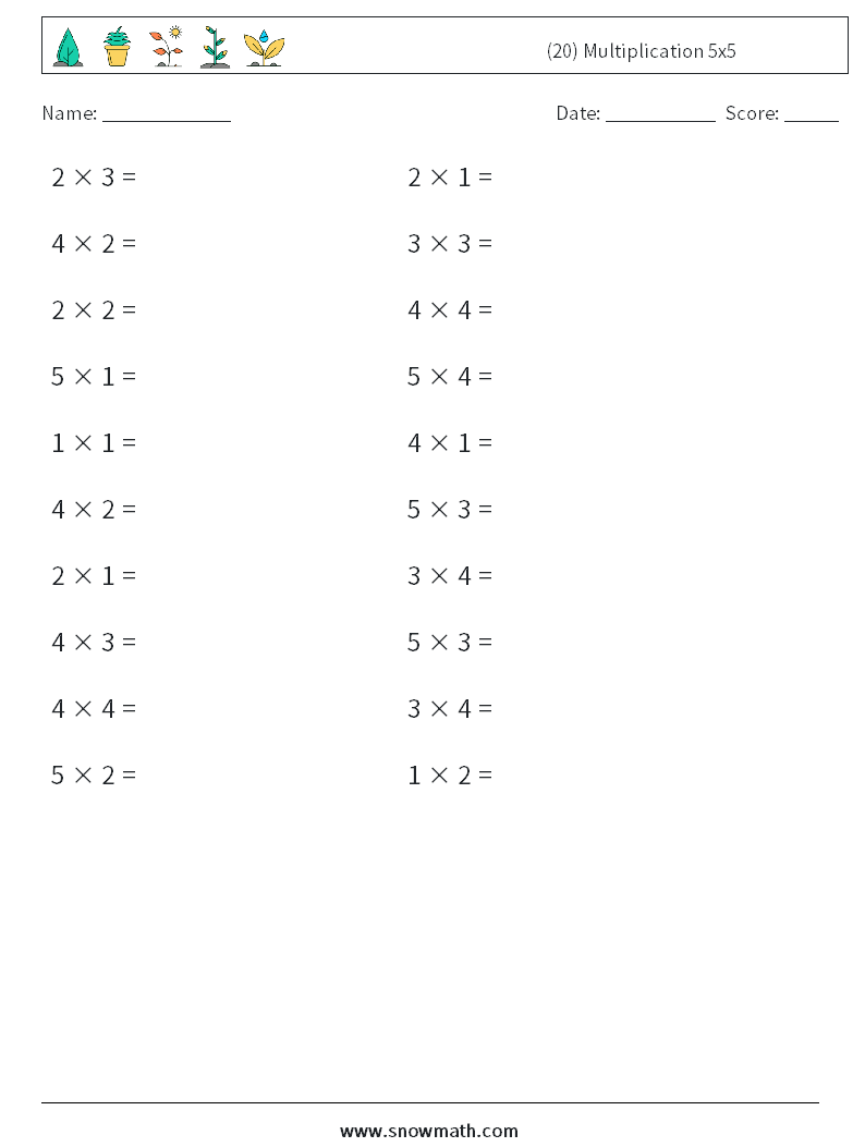 (20) Multiplication 5x5 Maths Worksheets 2