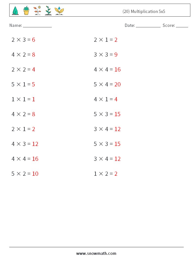 (20) Multiplication 5x5 Math Worksheets 2 Question, Answer