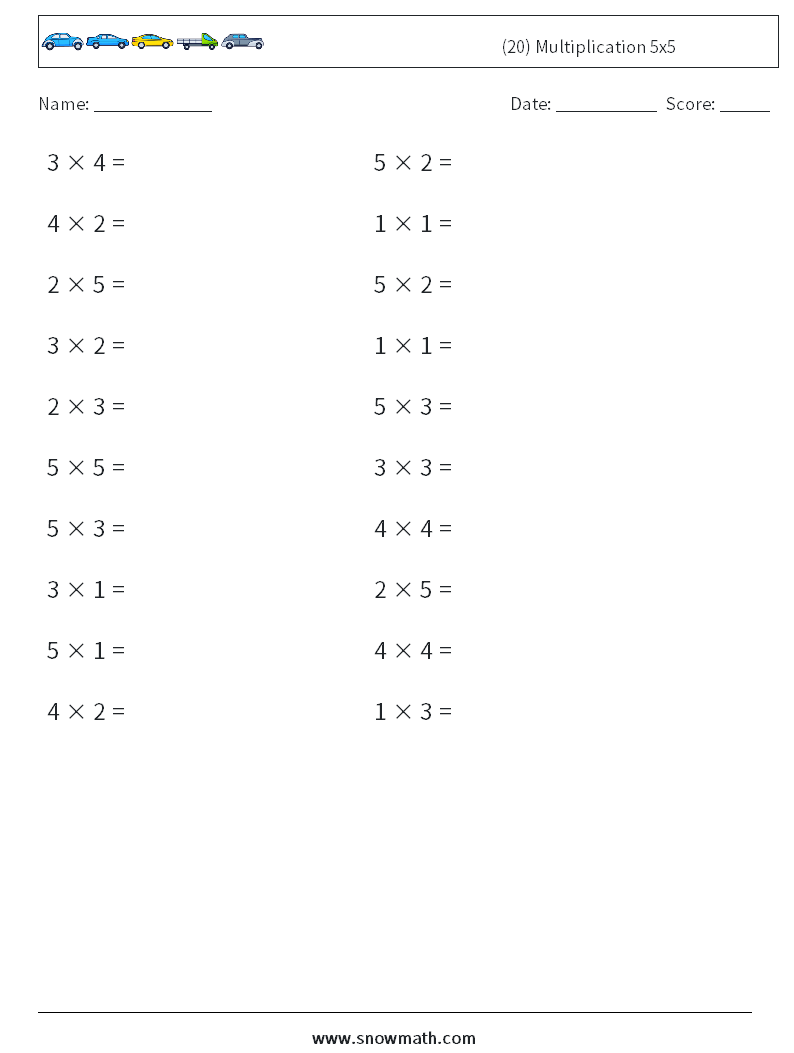 (20) Multiplication 5x5 Math Worksheets 3