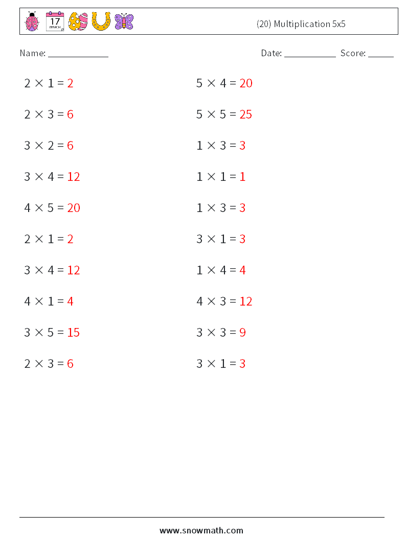 (20) Multiplication 5x5 Math Worksheets 4 Question, Answer