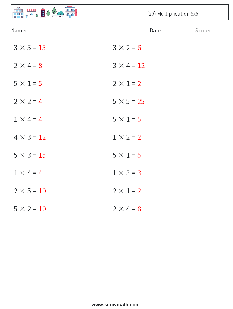 (20) Multiplication 5x5 Math Worksheets 5 Question, Answer