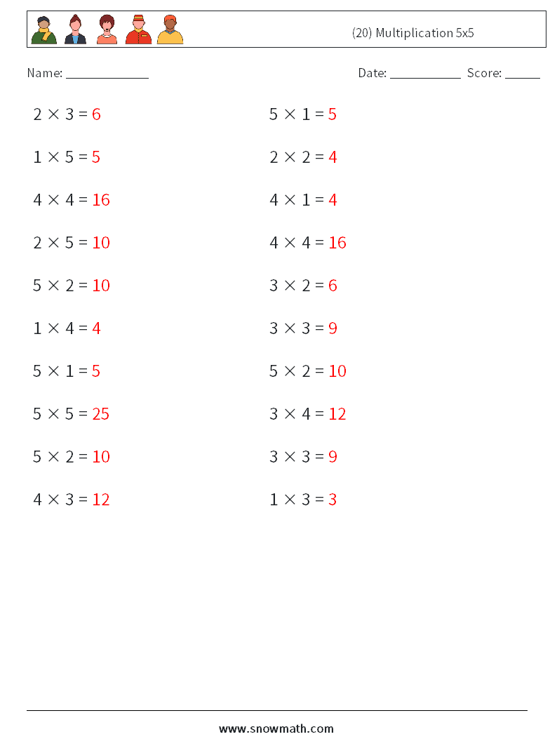 (20) Multiplication 5x5 Math Worksheets 6 Question, Answer