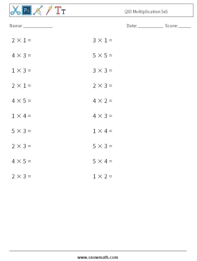 (20) Multiplication 5x5 Maths Worksheets 8