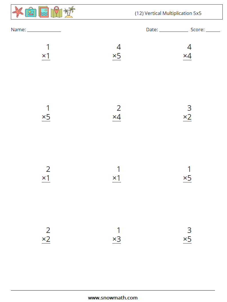 (12) Vertical Multiplication 5x5 Maths Worksheets 1