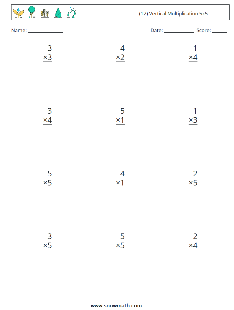 (12) Vertical Multiplication 5x5 Maths Worksheets 4