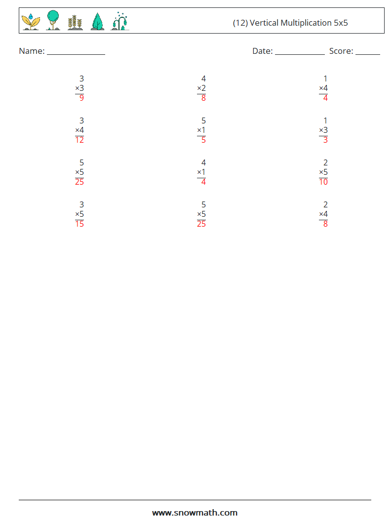 (12) Vertical Multiplication 5x5 Math Worksheets 4 Question, Answer