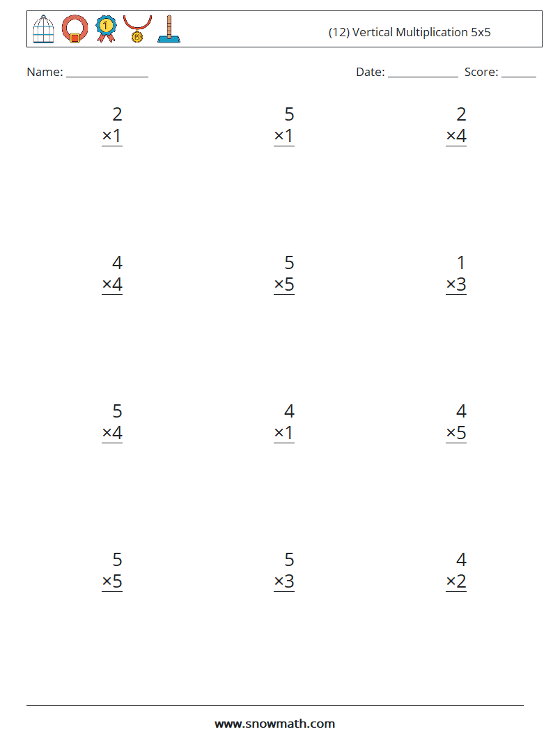 (12) Vertical Multiplication 5x5 Math Worksheets 5