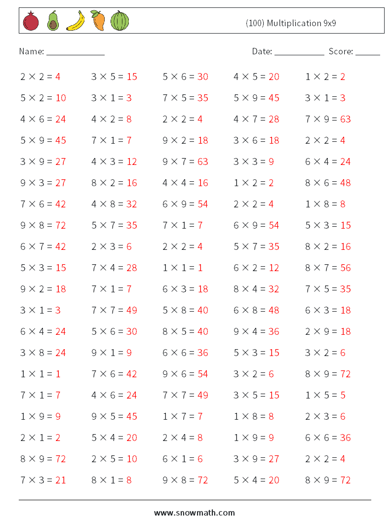 (100) Multiplication 9x9  Math Worksheets 1 Question, Answer