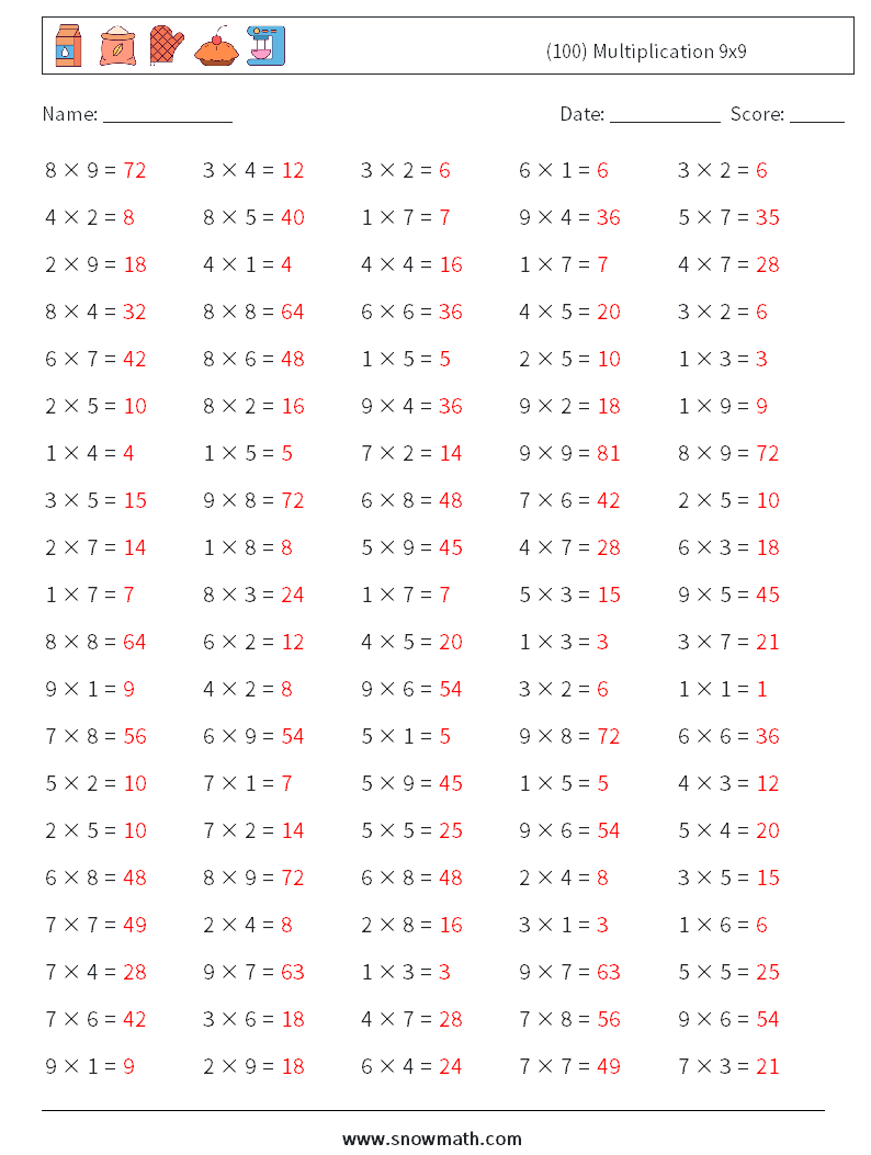 (100) Multiplication 9x9  Math Worksheets 2 Question, Answer