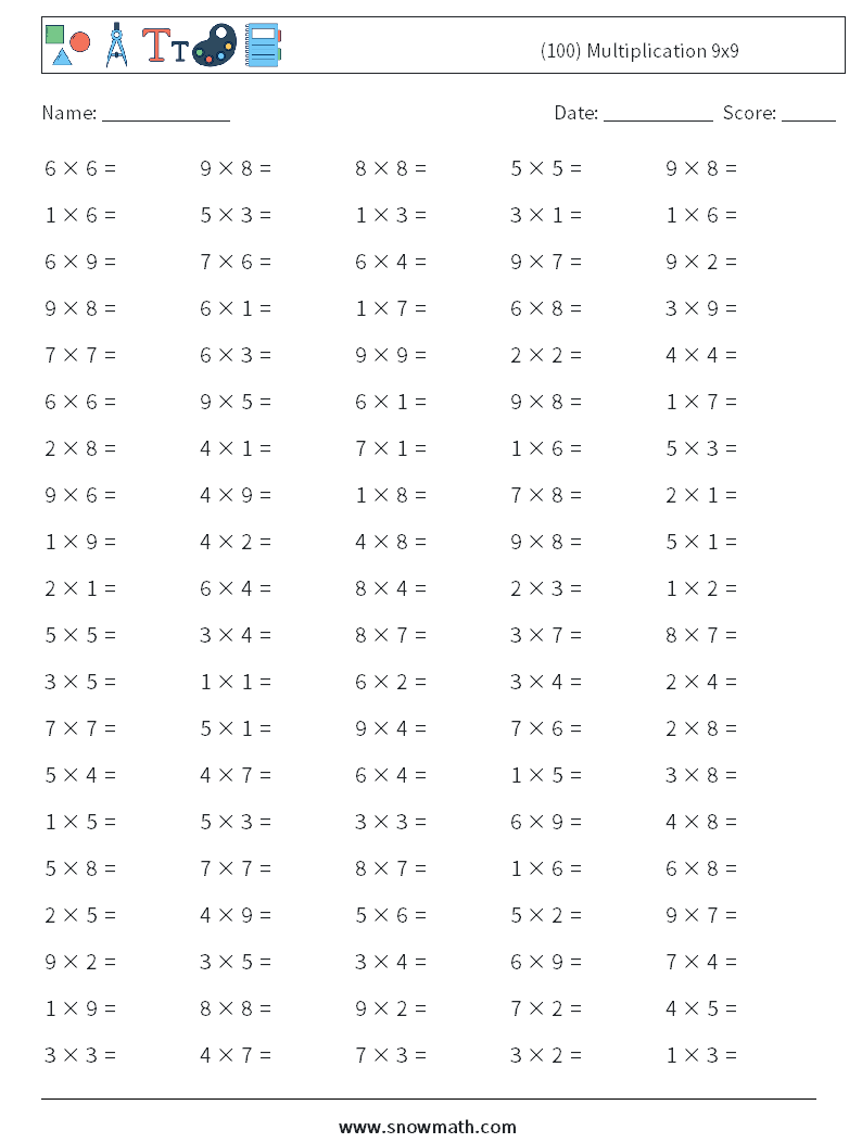 (100) Multiplication 9x9  Maths Worksheets 3