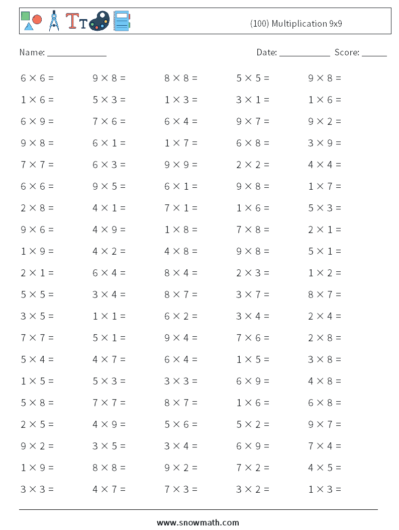 (100) Multiplication 9x9  Math Worksheets 3