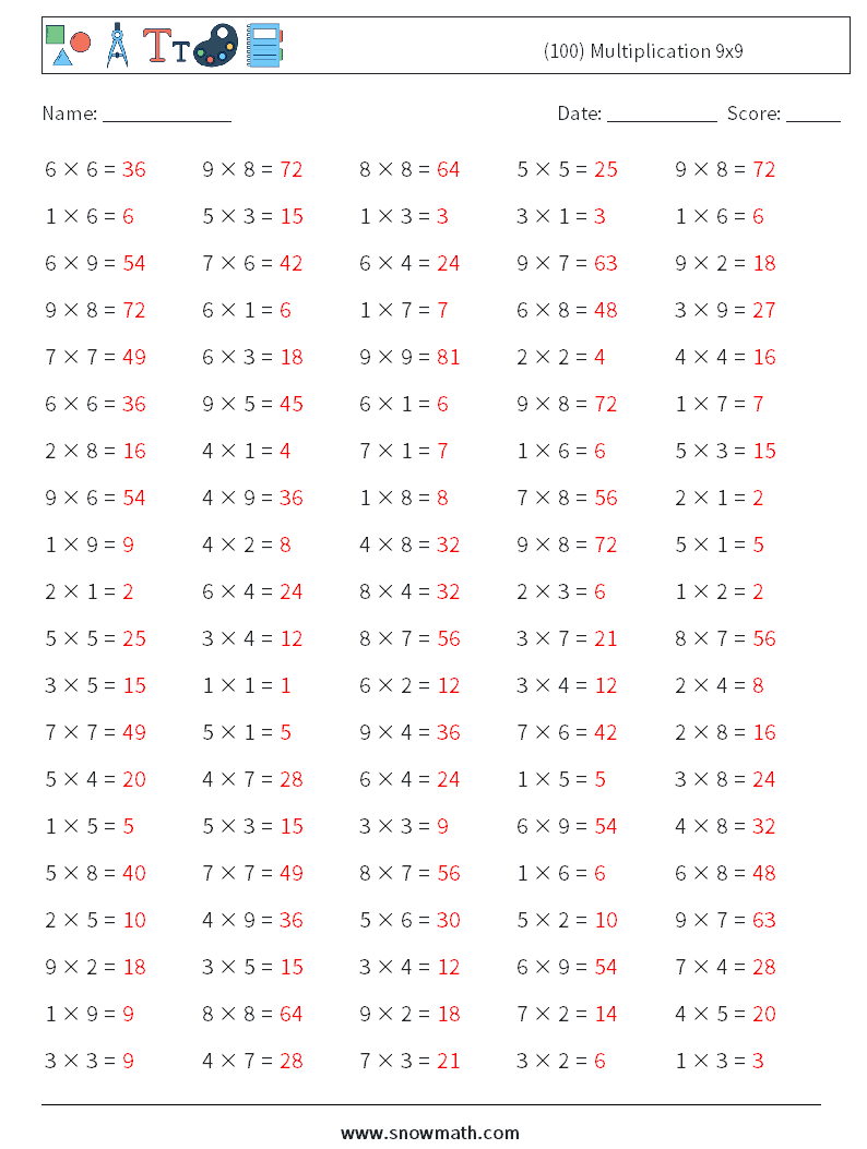 (100) Multiplication 9x9  Math Worksheets 3 Question, Answer
