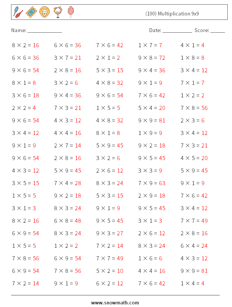 (100) Multiplication 9x9  Math Worksheets 4 Question, Answer