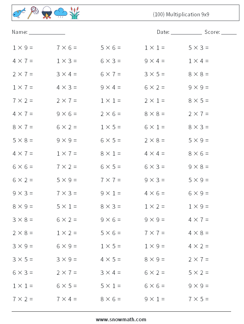 (100) Multiplication 9x9  Maths Worksheets 5