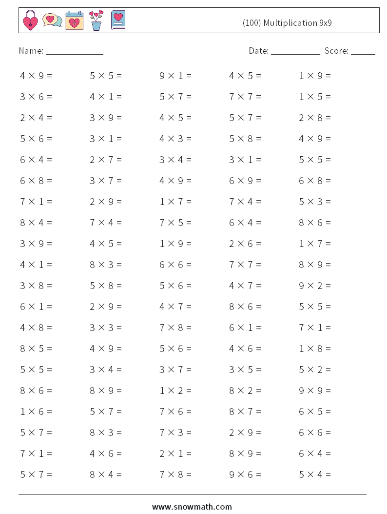 (100) Multiplication 9x9  Maths Worksheets 6
