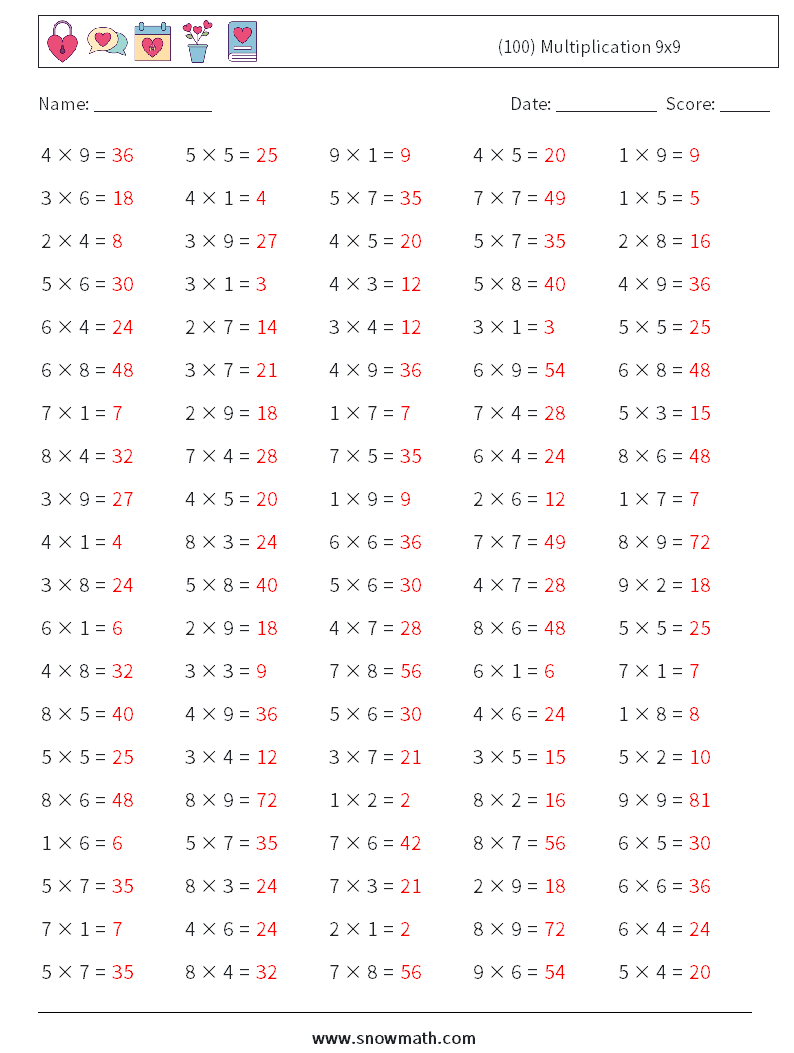 (100) Multiplication 9x9  Math Worksheets 6 Question, Answer