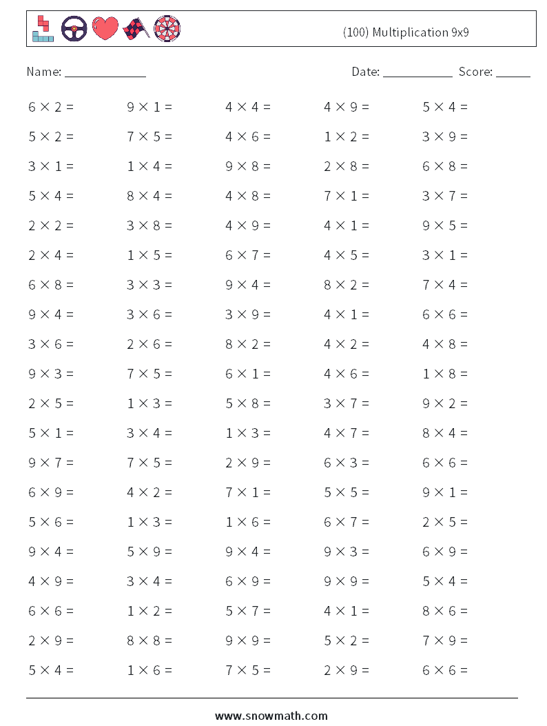 (100) Multiplication 9x9  Maths Worksheets 7