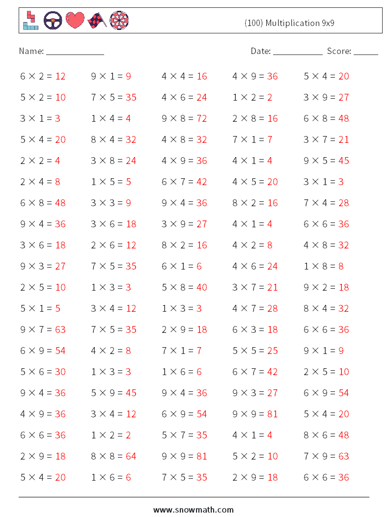 (100) Multiplication 9x9  Math Worksheets 7 Question, Answer