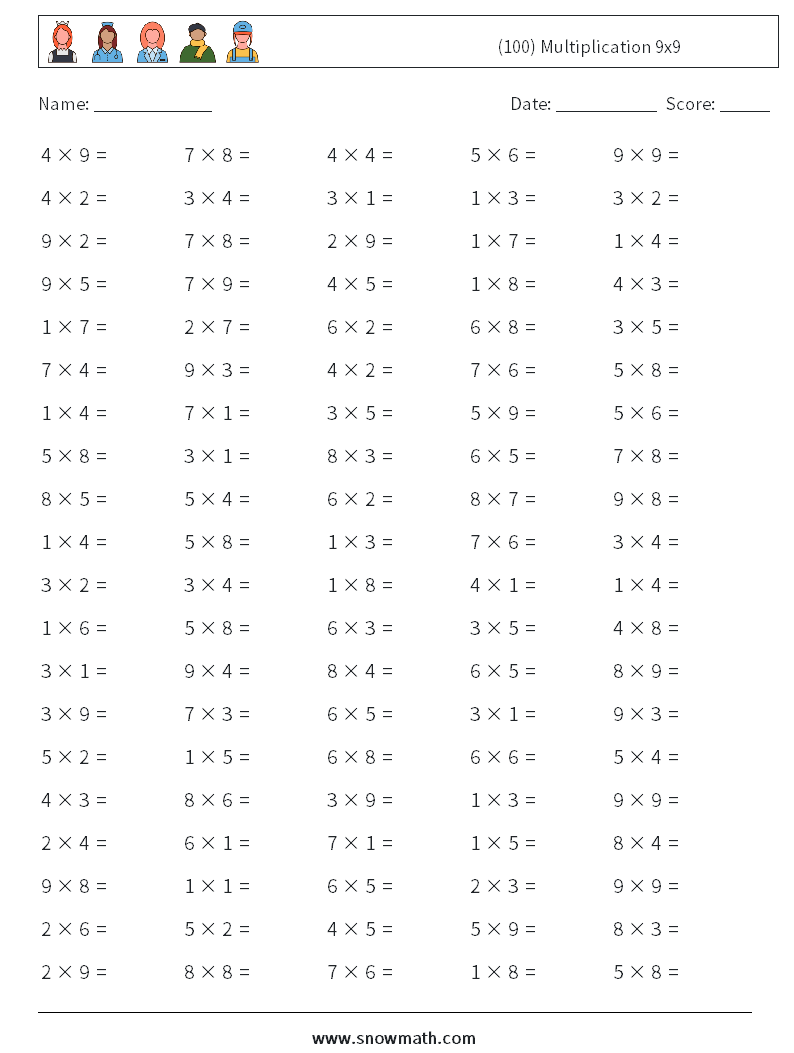 (100) Multiplication 9x9  Math Worksheets 8