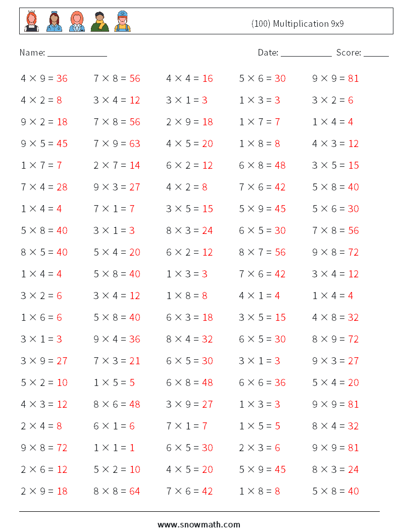(100) Multiplication 9x9  Math Worksheets 8 Question, Answer