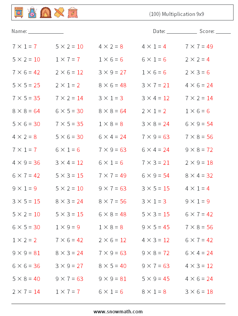 (100) Multiplication 9x9  Math Worksheets 9 Question, Answer