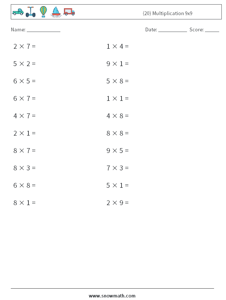 (20) Multiplication 9x9  Math Worksheets 6