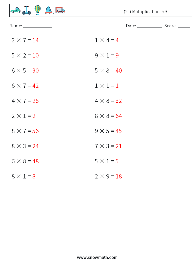 (20) Multiplication 9x9  Math Worksheets 6 Question, Answer