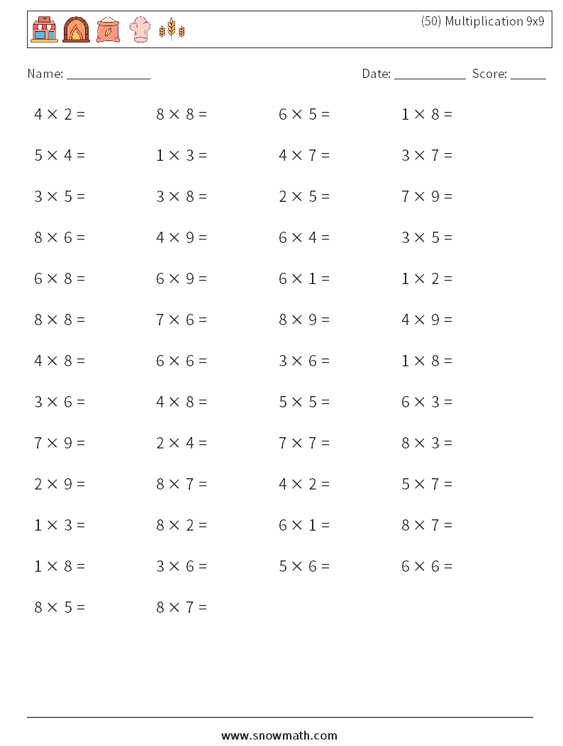 (50) Multiplication 9x9  Math Worksheets 1