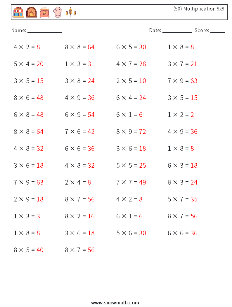 (50) Multiplication 9x9  Math Worksheets 1 Question, Answer