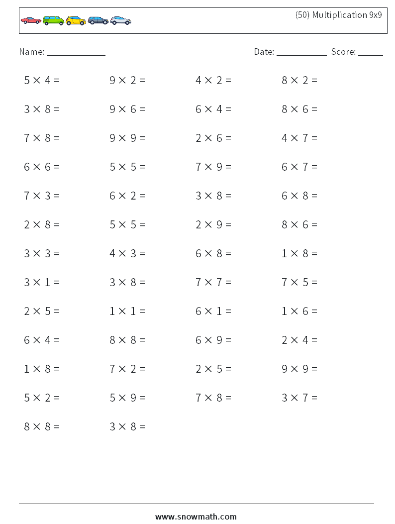 (50) Multiplication 9x9  Maths Worksheets 2