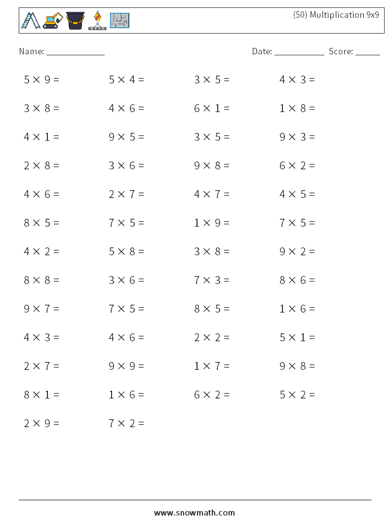 (50) Multiplication 9x9  Math Worksheets 4