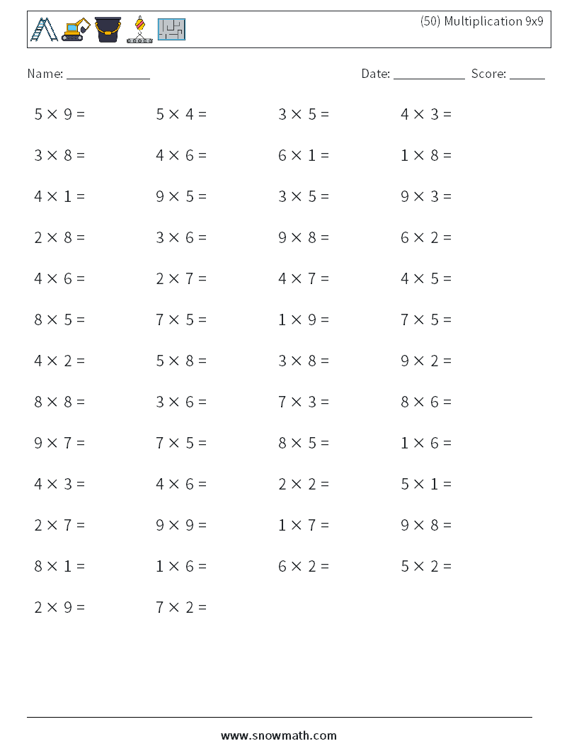 (50) Multiplication 9x9  Maths Worksheets 4