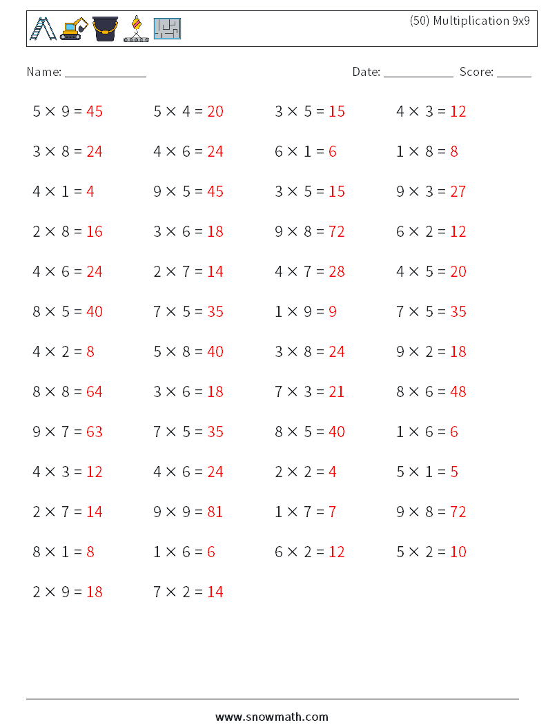 (50) Multiplication 9x9  Math Worksheets 4 Question, Answer