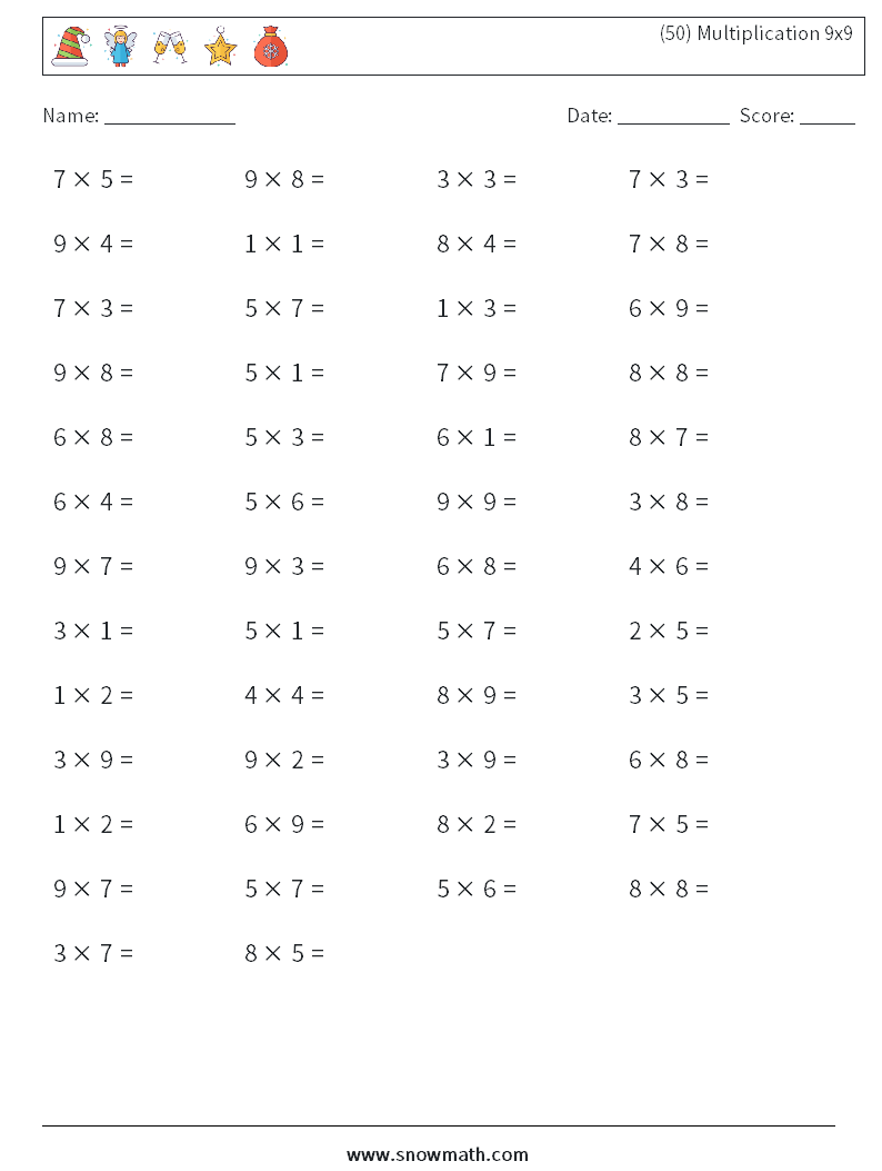 (50) Multiplication 9x9  Math Worksheets 5