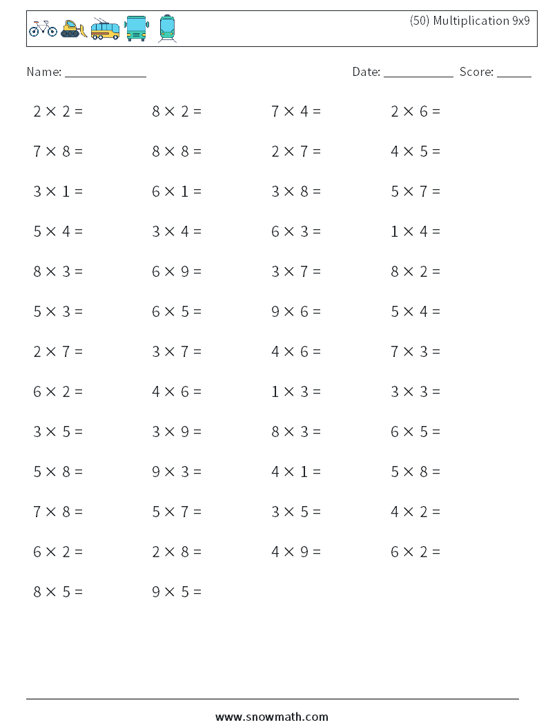(50) Multiplication 9x9  Math Worksheets 6