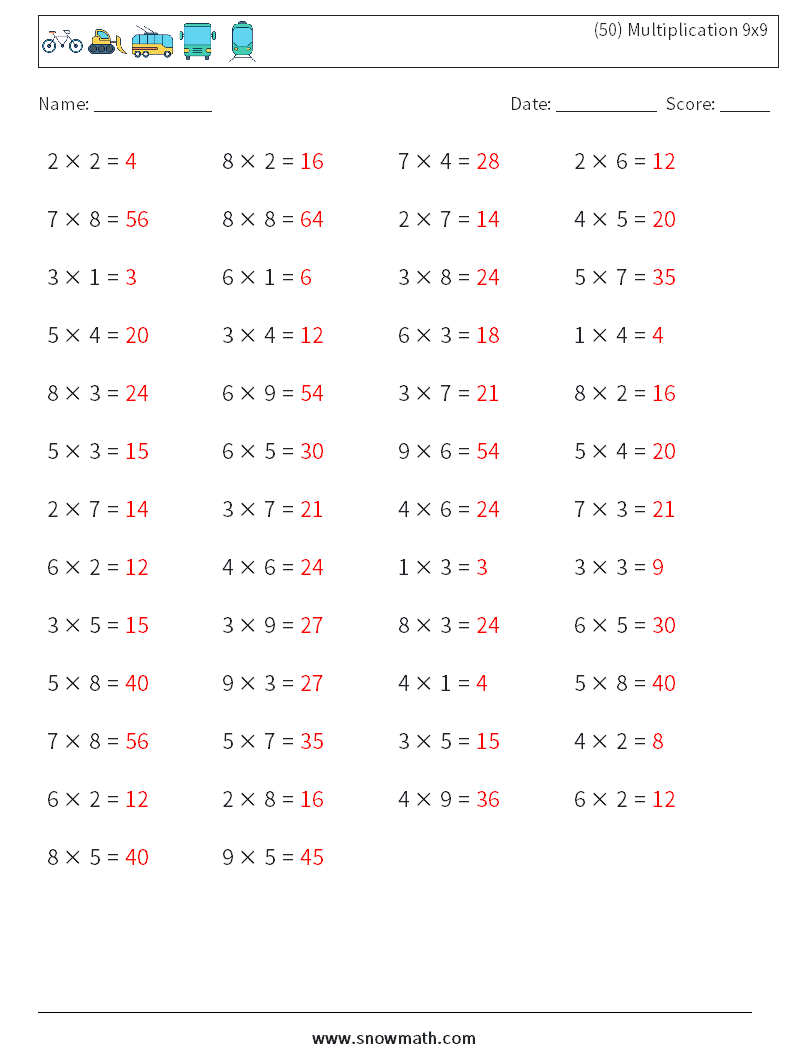 (50) Multiplication 9x9  Math Worksheets 6 Question, Answer