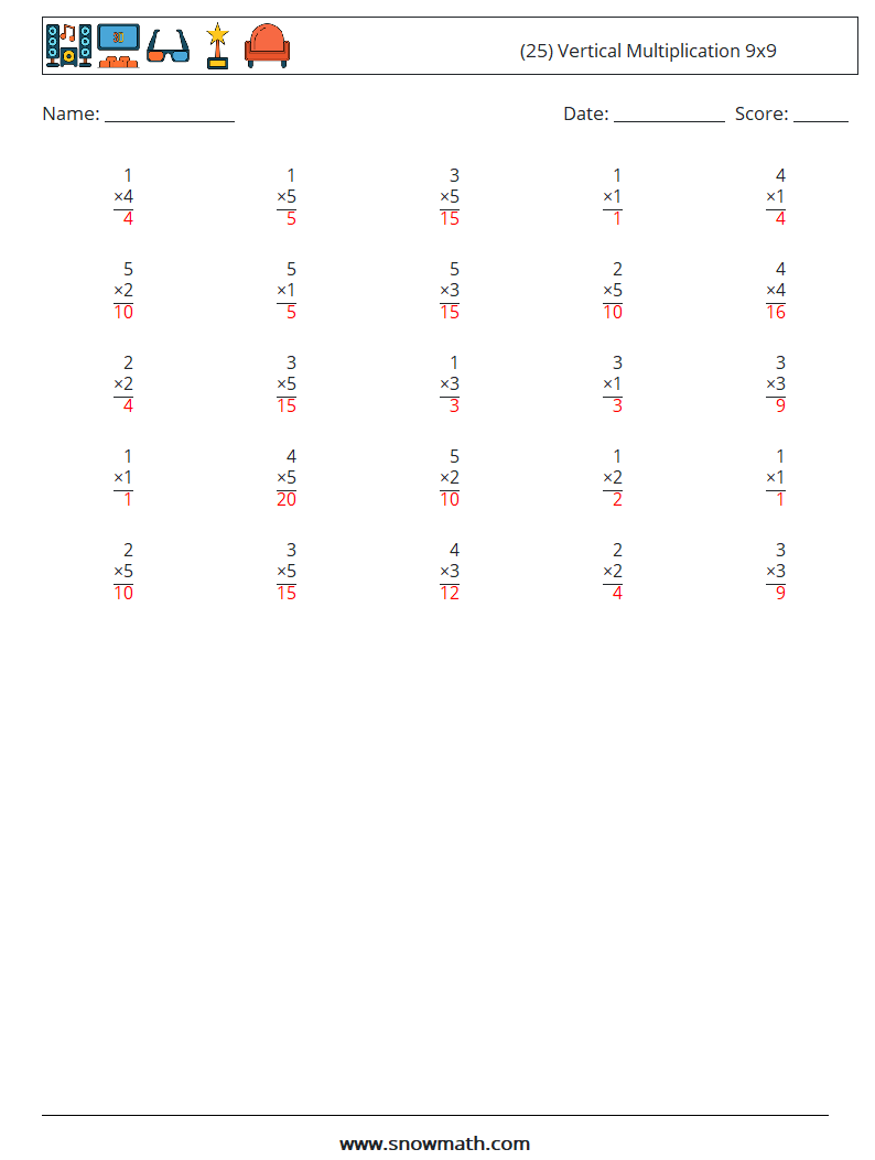 (25) Vertical Multiplication 9x9 Math Worksheets 2 Question, Answer