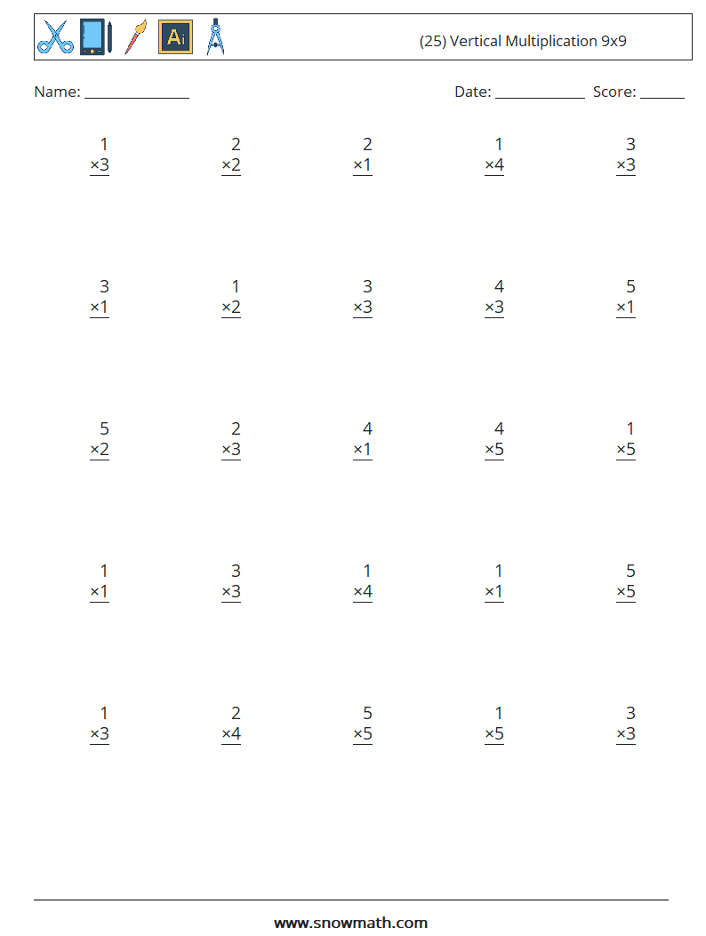 (25) Vertical Multiplication 9x9 Math Worksheets 3