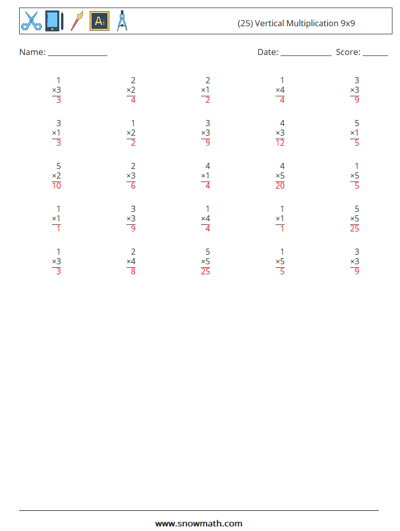 (25) Vertical Multiplication 9x9 Math Worksheets 3 Question, Answer