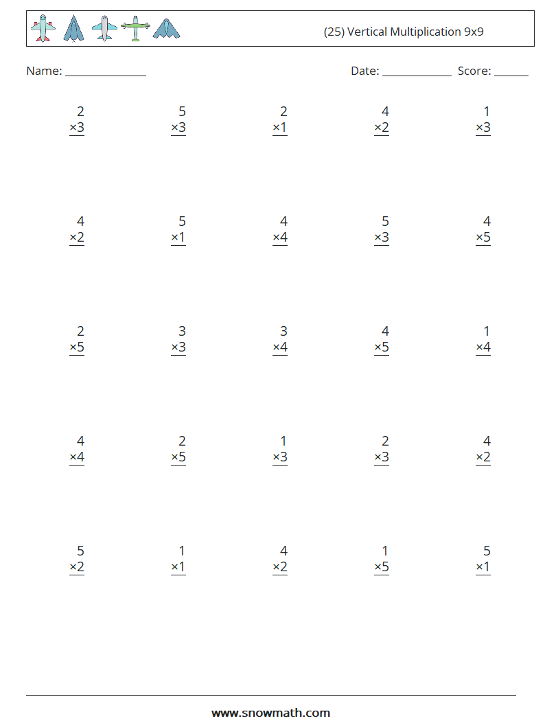 (25) Vertical Multiplication 9x9 Maths Worksheets 4