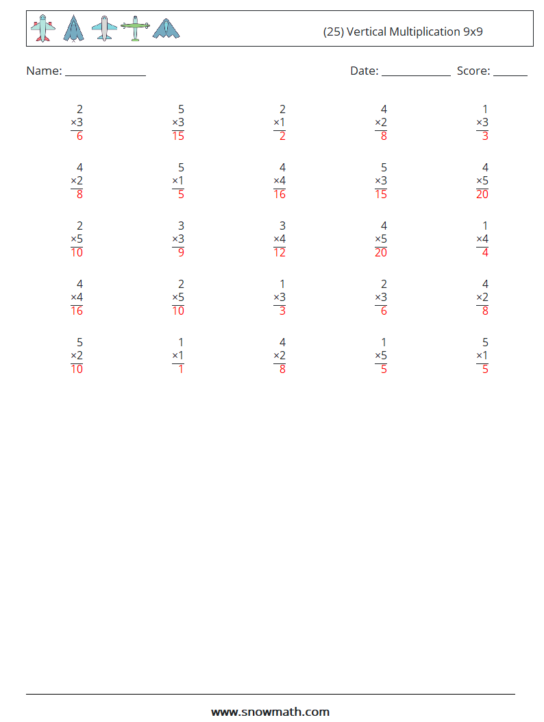 (25) Vertical Multiplication 9x9 Math Worksheets 4 Question, Answer