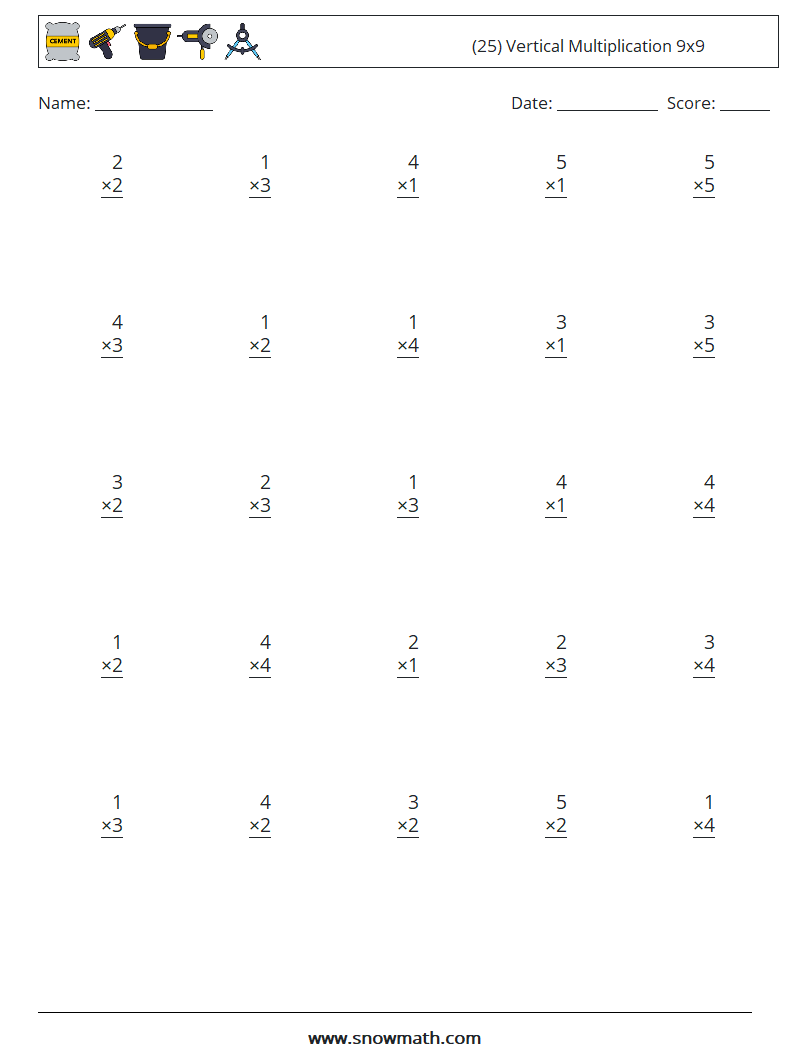 (25) Vertical Multiplication 9x9 Math Worksheets 5
