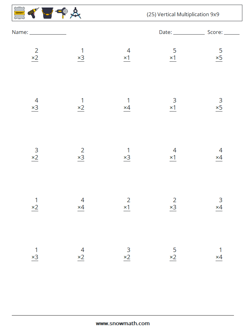 (25) Vertical Multiplication 9x9 Maths Worksheets 5