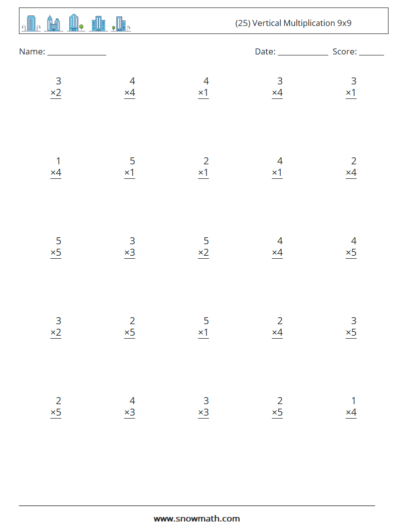 (25) Vertical Multiplication 9x9 Math Worksheets 6