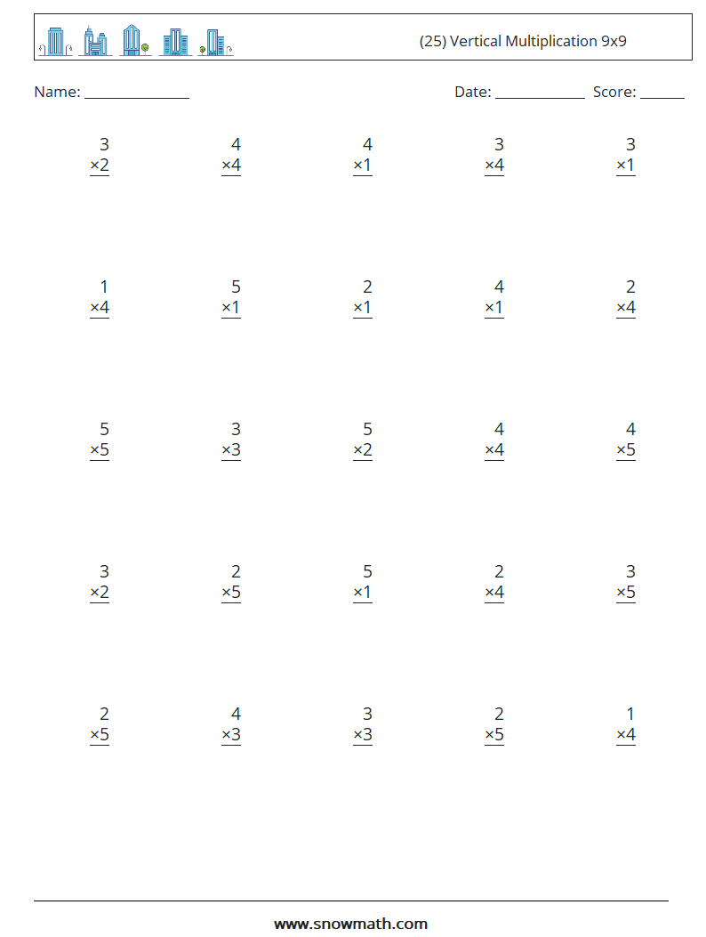 (25) Vertical Multiplication 9x9 Maths Worksheets 6