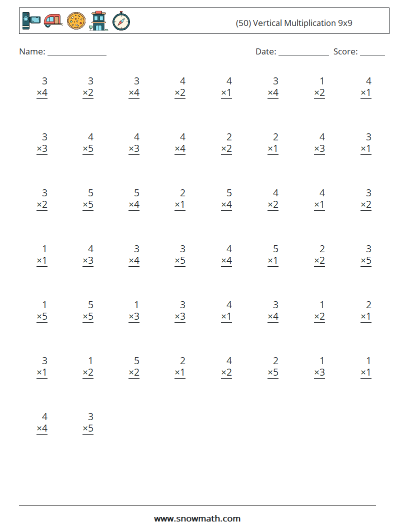 (50) Vertical Multiplication 9x9 Maths Worksheets 1