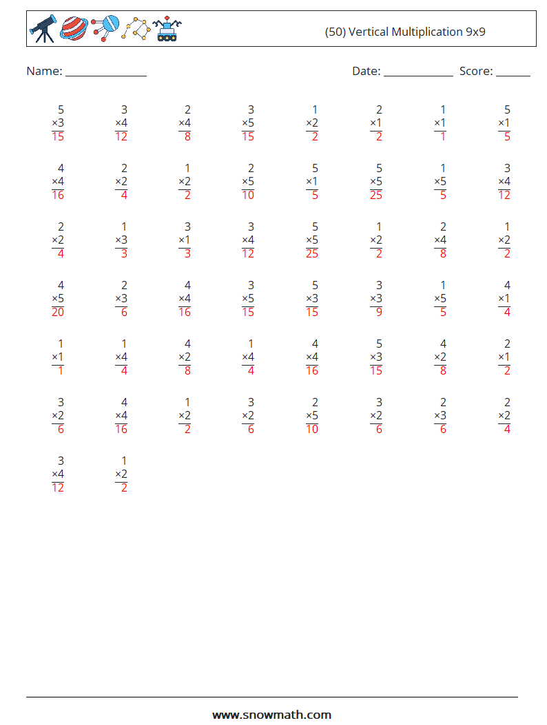 (50) Vertical Multiplication 9x9 Math Worksheets 3 Question, Answer