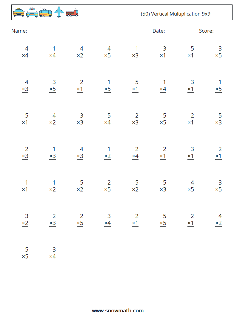 (50) Vertical Multiplication 9x9 Math Worksheets 5