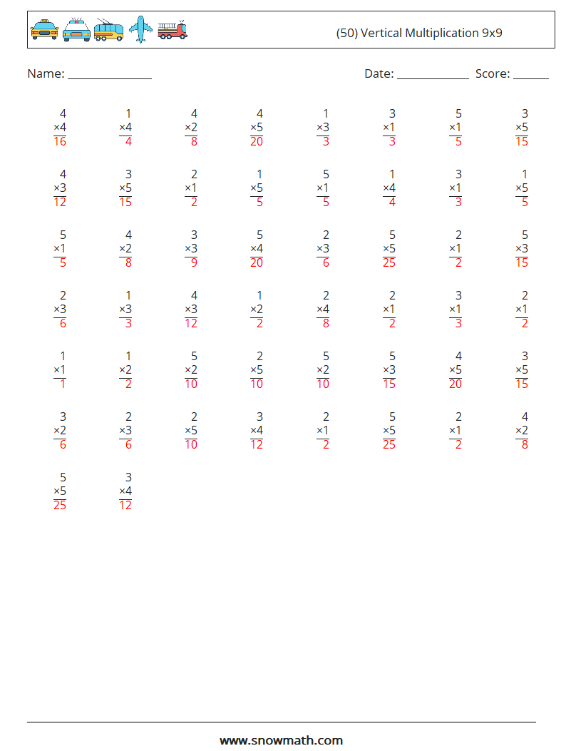 (50) Vertical Multiplication 9x9 Math Worksheets 5 Question, Answer